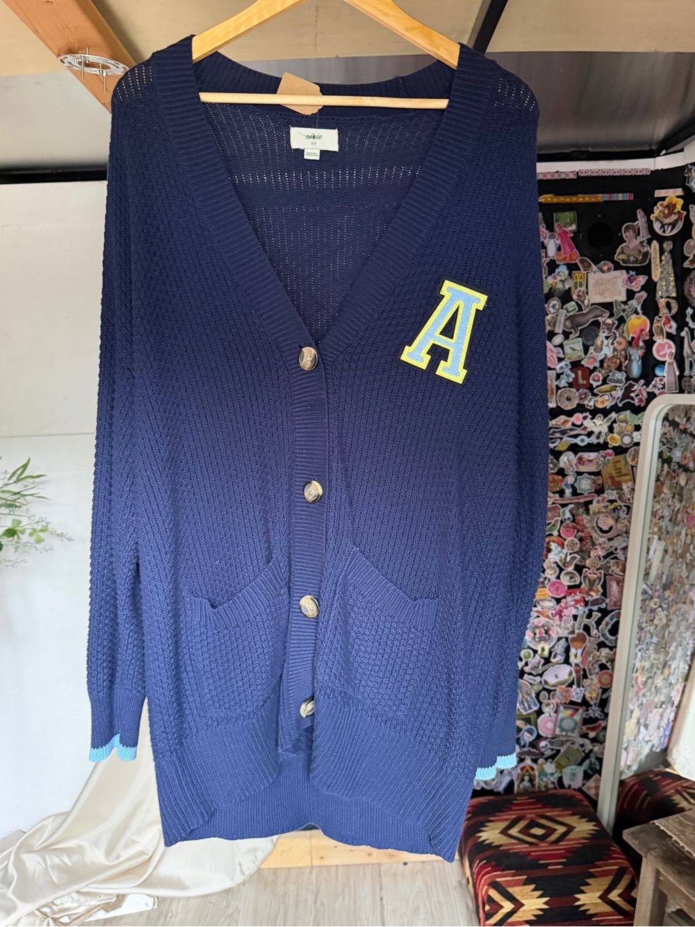 aerie Navy Knit Button-Front Cardigan with Yellow 'A' Patch